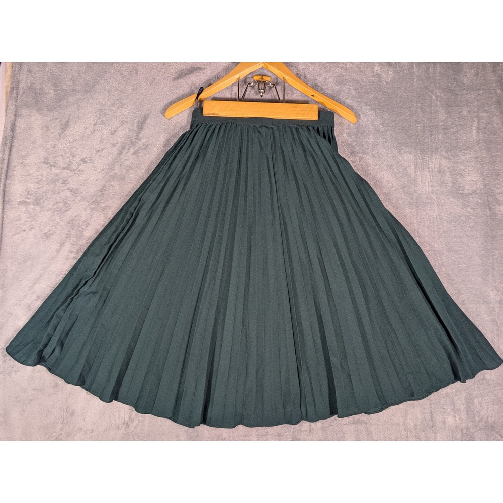 Kate Kasin Pleated Midi Skirt Womens Small Dark Green Elastic High Waist Flare - Picture 2 of 7
